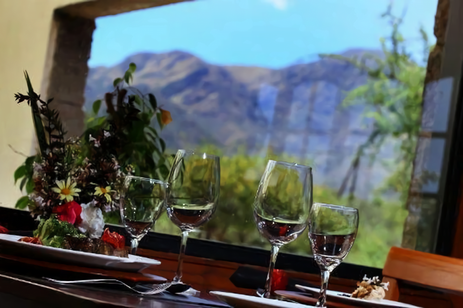 Mesa con vinos y vista a la sierra